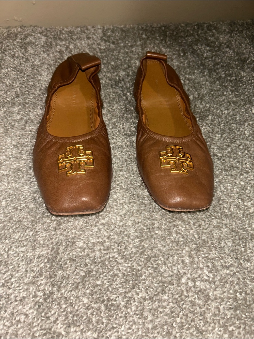 Tory Burch Brown Leather Logo Ballet Flats with Gold Emblem